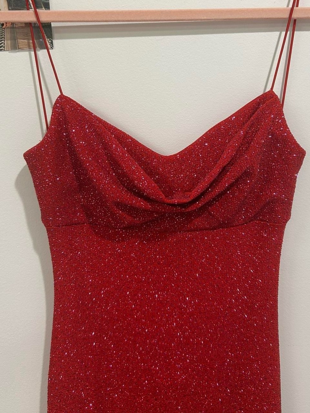 Red Sparkle Cowl Neck Spaghetti Strap Dress